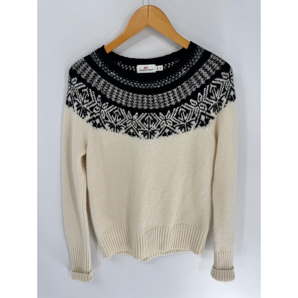 Vineyard Vines Sweater Women Size S Cream Black Nordic Fair Isle Merino Mohair